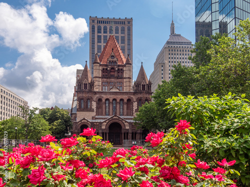Rose garden in front of the historic Trinity Church at Copley square in Boston Massachusetts