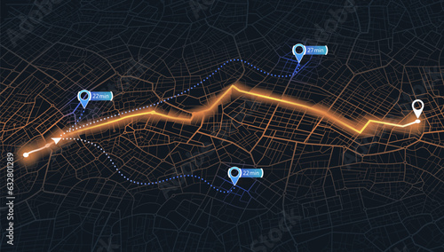 Isometric map. Map mobile app planning travel. Alternative way with location system. City map route, location symbols and navigational system mark. Vector, illustration isolated on black background.