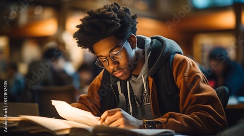 Focused student studying in library, African American student reading a book, college kid prepping for a test, Generative Ai