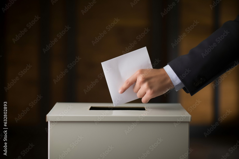 A close up of male votes hand inserting into a ballot box for an election