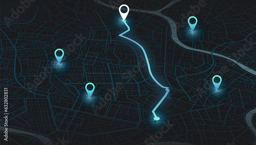 Isometric Gps map navigation to own house. City top view. View from above. Detailed view of city. Decorative graphic tourist map. Abstract transportation. Black background. Vector, illustration