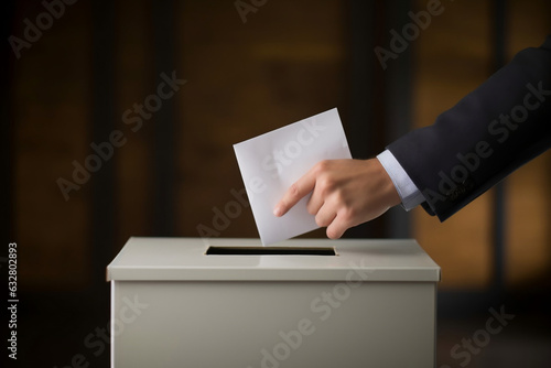 Obraz na płótnie A close up of male votes hand inserting into a ballot box for an election w salonie