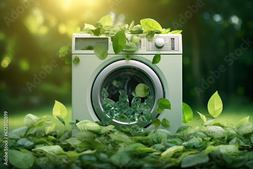 Obraz na płótnie An eco-friendly Washing Machine covered in greenery and leaves w salonie