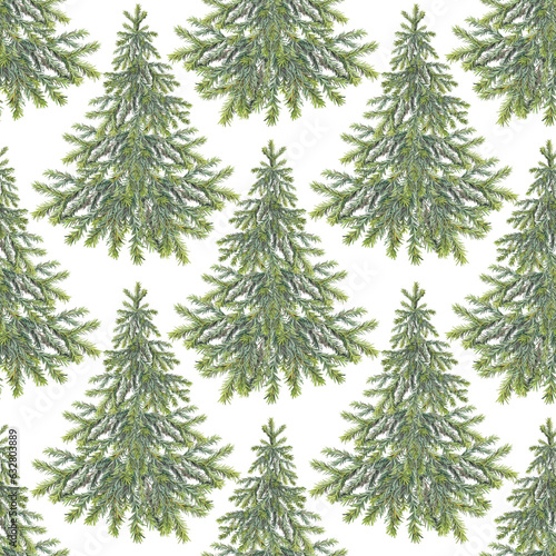 Seamless pattern with watercolor green christmas tree on white background. Forest evergreen fir or pine for sticker or card. Hand-drawn art for new year celebration invite or wrapping or wallpaper