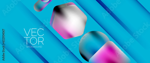 Dynamic bright colorful geometric elements with fluid gradients, lights, shadows blend in a minimal backdrop, creating captivating composition