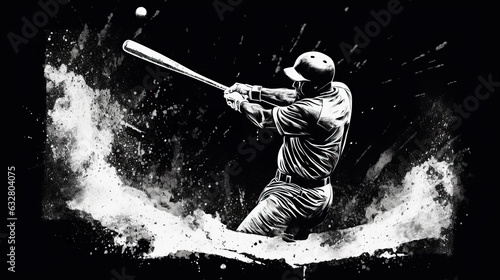 Illustration of baseball player swinging a bat with a background of ink splatter.. This image was created using AI generative technology. 