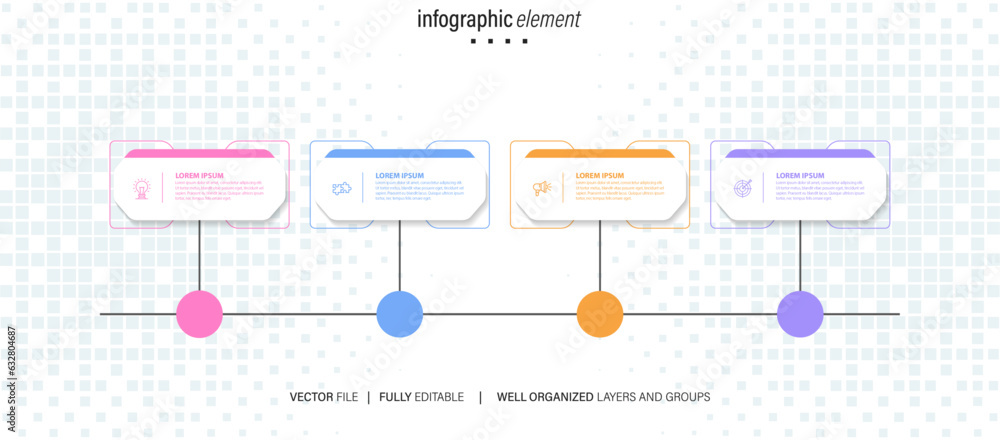 Naklejka premium Vector infographic template with 3D paper label, integrated circles. Business concept with 4 options. For content, diagram, flowchart, steps, parts, timeline infographics, workflow, chart.
