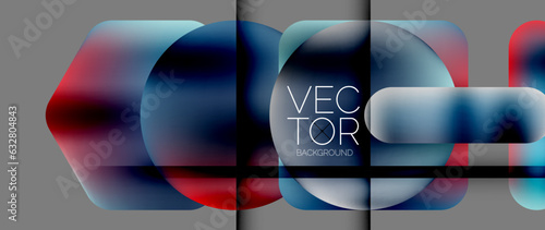 Dynamic bright colorful geometric elements with fluid gradients, lights, shadows blend in a minimal backdrop, creating captivating composition