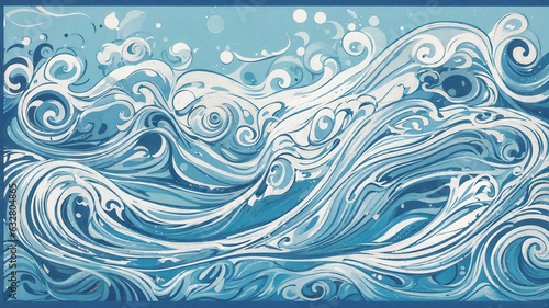 a blue and white painting of waves and bubbles on a blue background with a blue border around the edges