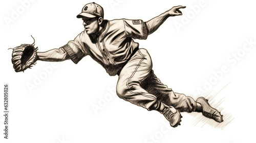 Illustration of baseball player in a vintage uniform running to catch a ball. 
This image was created using AI generative technology.	