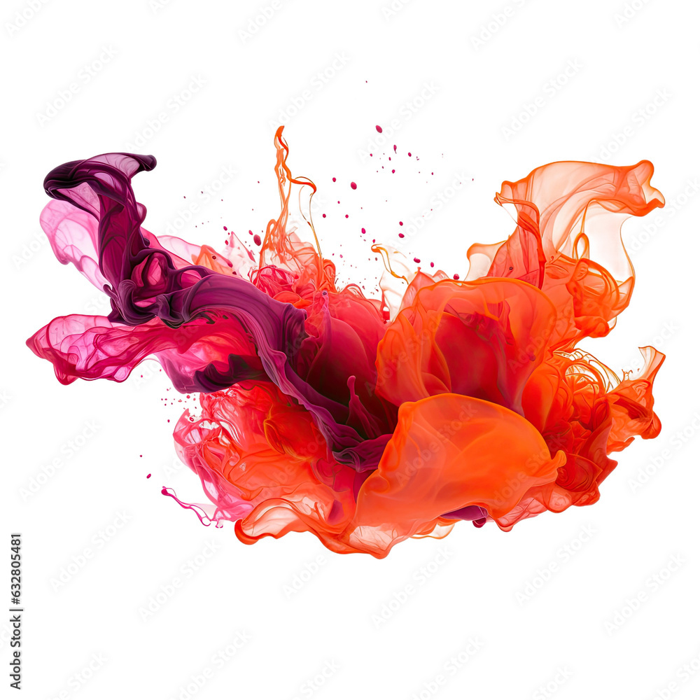 liquid splash in red and purple sunrise hues frozen in an abstract futuristic 3d texture isolated on a transparent background, generative ai