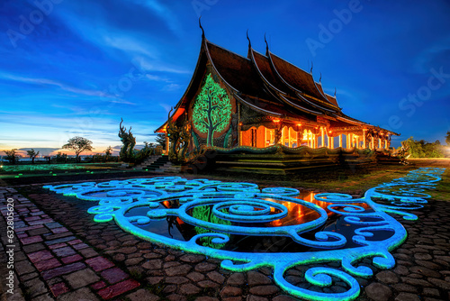 Twilight shot of Sirindhorn Wararam Phu Prao Temple is public Temple in Ubonrachatani, Thailand.