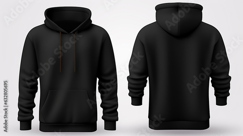Black T-shirt mockup, front and back view, isolated on black background