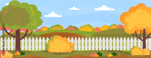 Horizontal banner with autumn landscape.Garden, backyard, farm at autumn timeTrees, bushes, grass, flowers, lawn, fence. Vector illustration in flat style.