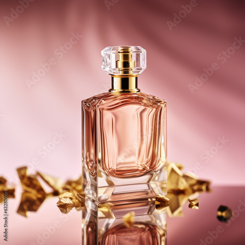 Perfume bottle with rose flower on pink background