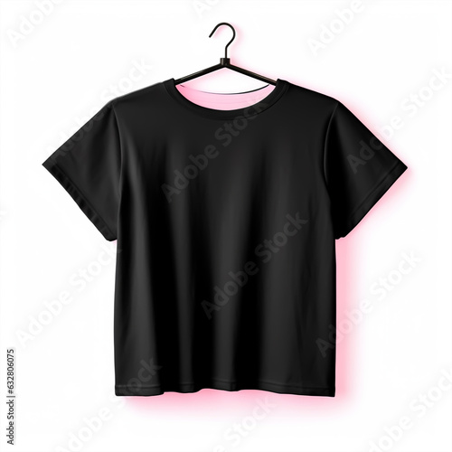 Black t-shirt on a hanger on a white background