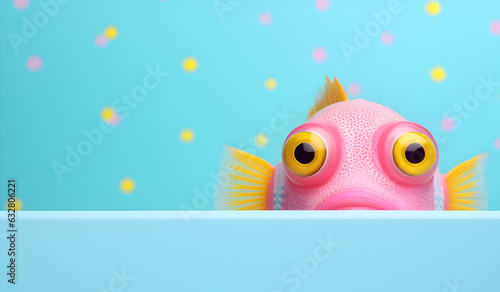 funny the fish pink in the water for contents. copy text space. on colorful pastel background.