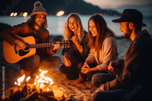 Blurred group of young people having fun sitting near bonfire on a beach at night playing guitar singing songs. Generative AI photo