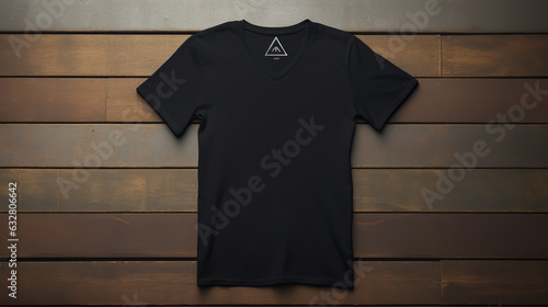 Black t-shirt mockup on wooden background.