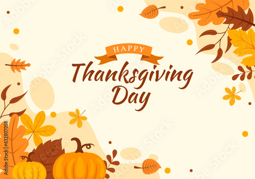 Happy Thanksgiving Day Vector Illustration with Turkey Bird, Pumpkin, Leaves and Many Others Elements Background Flat Cartoon Hand Drawn Templates