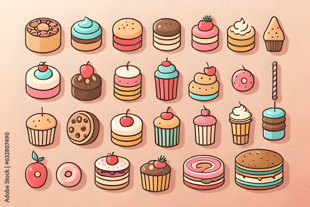 Set of sweet icons in kawaii style generated by AI tool Set of sweet icons in kawaii style generated by AI tool