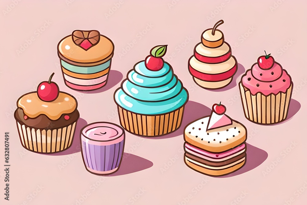 Set of sweet icons in kawaii style generated by AI tool Set of sweet icons in kawaii style generated by AI tool