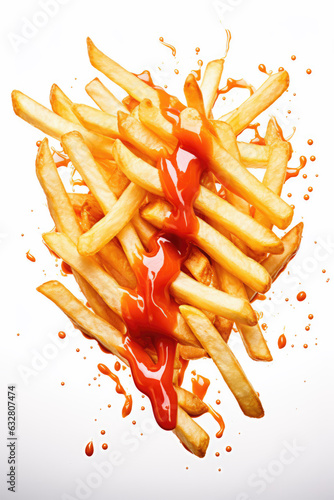 French Fries with Ketchup on a White Background