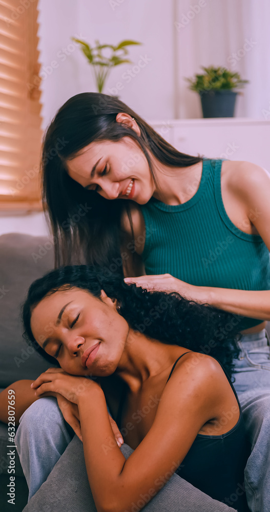 Young woman and her girlfriend spending time together at home. Lesbian couple love moments happiness concept. Young woman and her girlfriend spending time together at home. Lesbian couple love moments happiness concept.