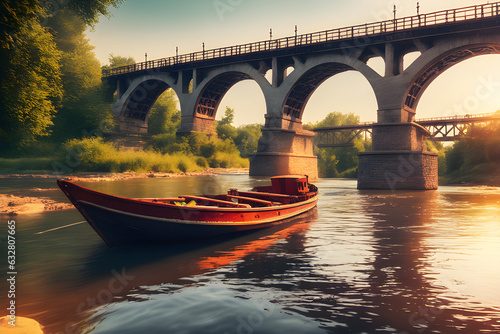 hot summer, river, 4K, boat,bridge, Generative AI