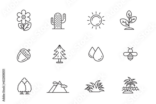 Set of nature icons and symbol line style isolated on white background