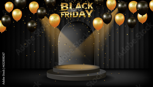 Modern black friday sale stand, background, poster, banner for business sale with balloons and gifts