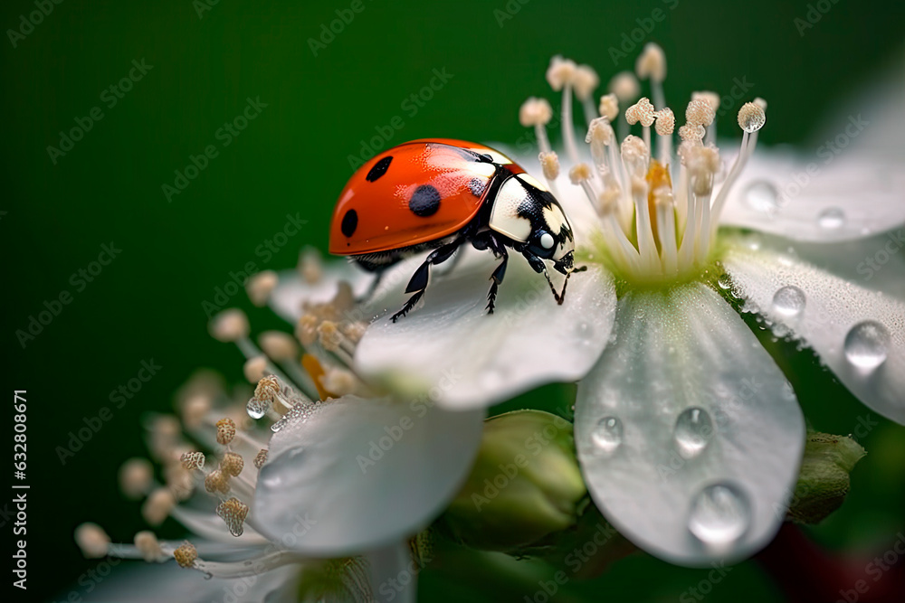 Ladybug sits on a flower with raindrops. Dew on petals. Generative AI Ladybug sits on a flower with raindrops. Dew on petals. Generative AI