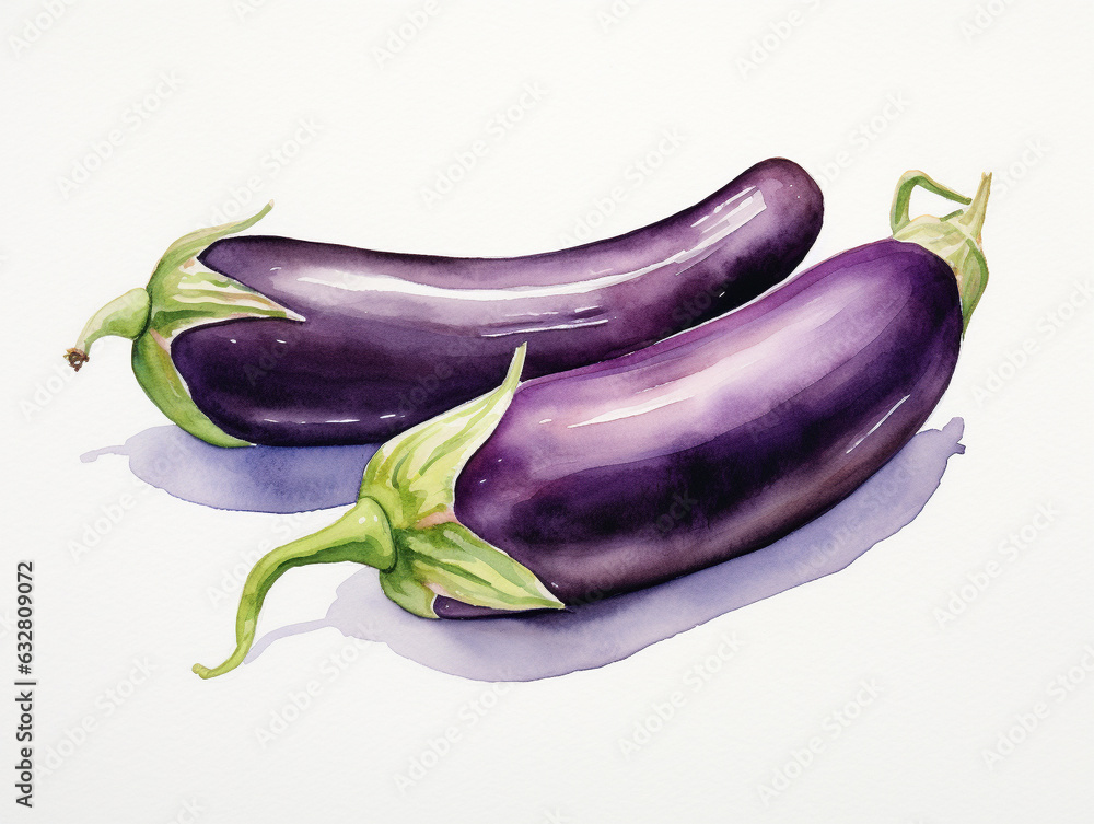 A Minimal Watercolor of Eggplants on a White Background A Minimal Watercolor of Eggplants on a White Background