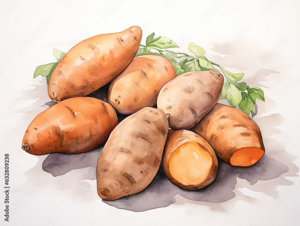 A Minimal Watercolor of Sweet Potatoes on a White Background A Minimal Watercolor of Sweet Potatoes on a White Background