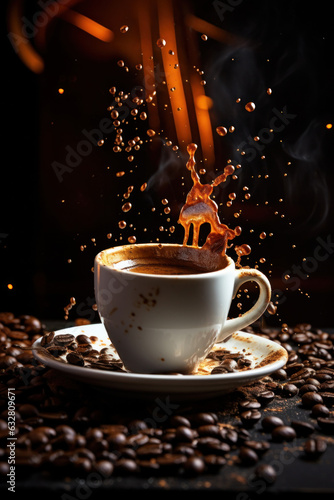 splash and splatter from a piece of sugar in a mug with coffee on a black background