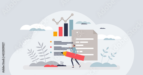 Analysis and statistic information or data review work tiny person concept. Economical finance graphic evaluation or growth planning vector illustration. Analyze market or profit for business budget