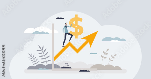 Financial growth and profit development to rise money tiny person concept. Finance earnings improvement with successful results and upward statistics vector illustration. Business income progress.