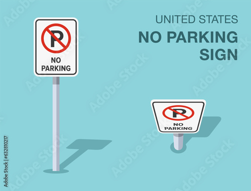 Traffic regulation rules. Isolated United States no parking sign. Front and top view. Flat vector illustration template.