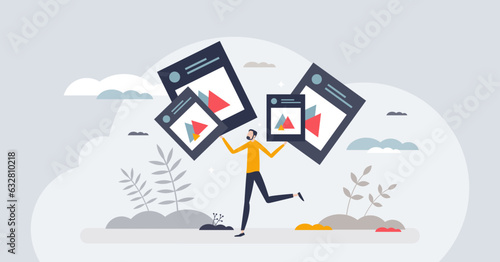 Content marketing and social media post for commercial purposes tiny person concept. Cooperation with influencer as brand awareness campaign to reach audience vector illustration. Effective promotion