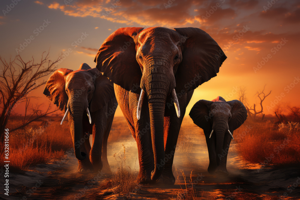 Φωτογραφία a family of elephants on the prairie near the lake wide land sun setting on the