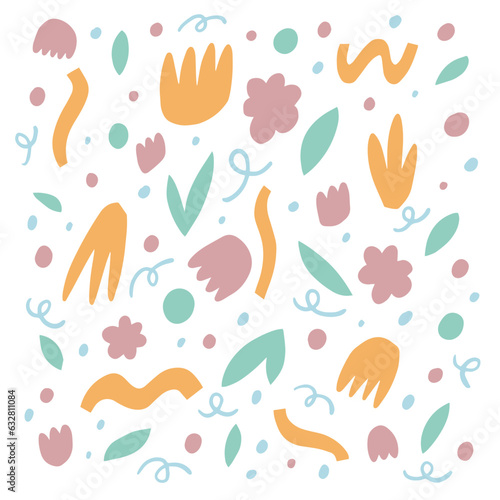 The description for the decorative colorful pattern with abstract elements and natural motifs is a vector illustration capturing the essence of nature through its abstract and vibrant elements.