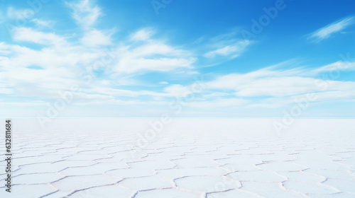 Salt desert and clear blue sky landscape background. Modified generative AI image.