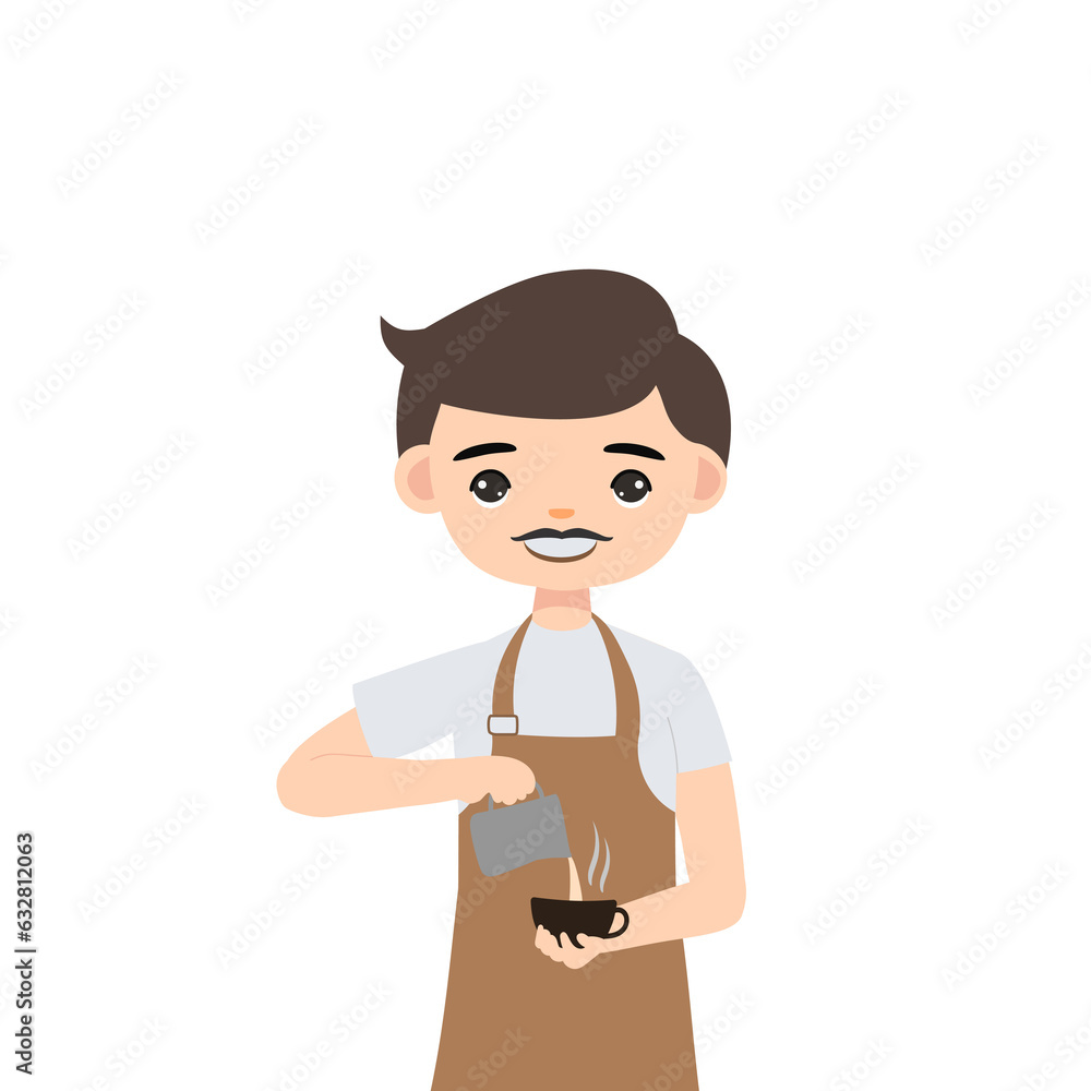 male barista character pouring a cup of coffee male barista character pouring a cup of coffee