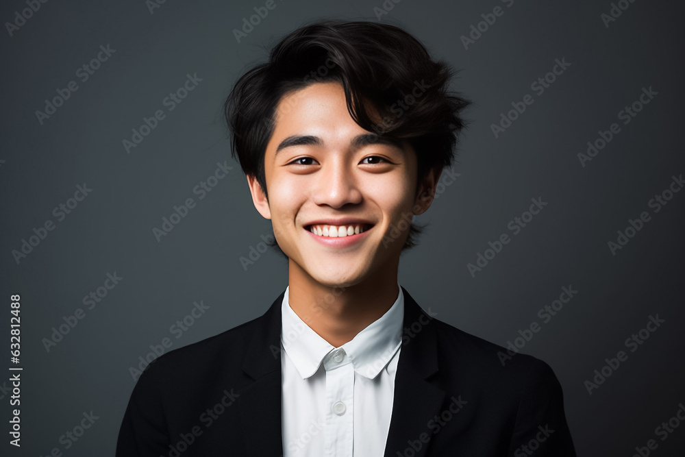 Dark Black tone of businessman standing Isolated on dark background. Portrait of young handsome Asian guy in formal black business suit. Generative AI. Dark Black tone of businessman standing Isolated on dark background. Portrait of young handsome Asian guy in formal black business suit. Generative AI.