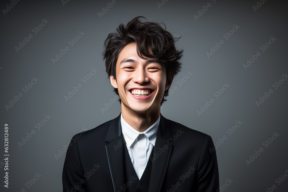 Dark Black tone of businessman standing Isolated on dark background. Portrait of young handsome Asian guy in formal black business suit. Generative AI. Dark Black tone of businessman standing Isolated on dark background. Portrait of young handsome Asian guy in formal black business suit. Generative AI.