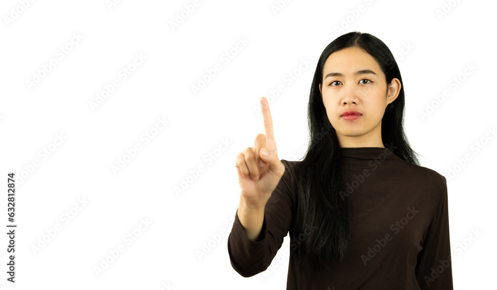 business asian woman in black shirt pointing on virtual screen isolated on white background. business technology concept.