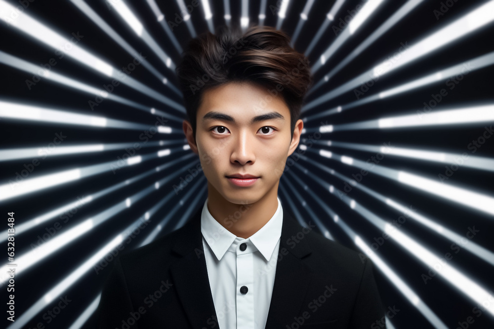 Science Fiction Sci-Fi Background with Asian businessman  in formal black business suit standing in front of Technology background. Generative AI.