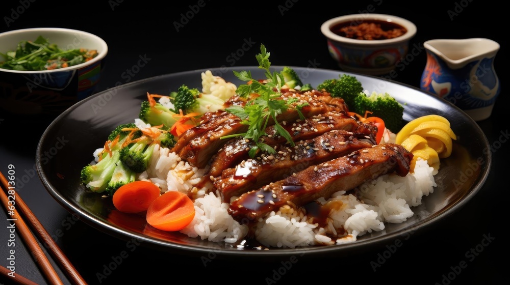 white rice with teriyaki beef and cut vegetables on a plate with black and blurry background white rice with teriyaki beef and cut vegetables on a plate with black and blurry background