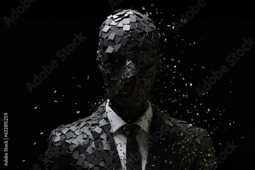 The image of man breaking into pieces look like cube mosaic symbolizes confusion  suspicion  pressure  depression of working people. Generative AI.