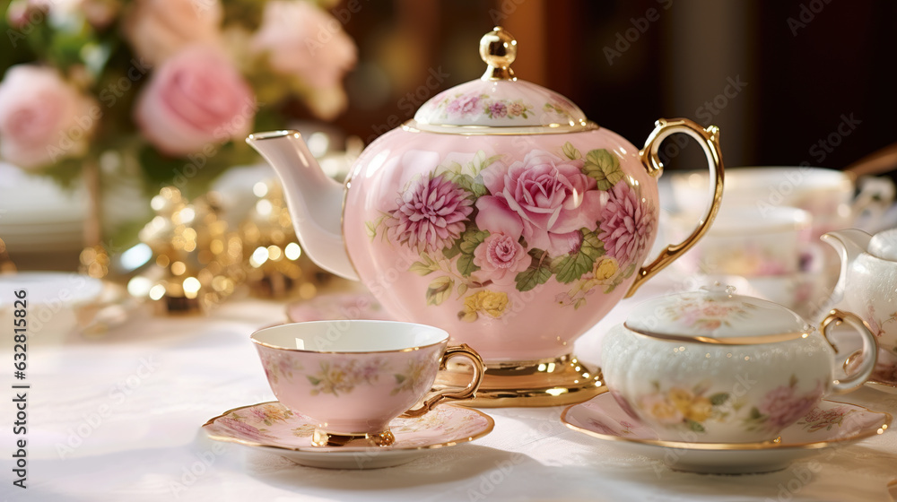 Fototapeta premium Bed set for afternoon tea with pastel pink, blue, yellow and green tea set. Tea party, Generative AI